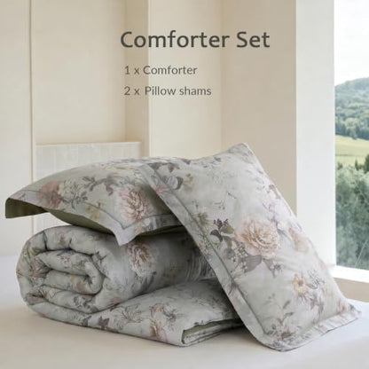 Queen Comforter Set 3 Pieces, 100% Cotton Vintage Floral Bedding Set for All‑Season, Soft Hypoallergenic Comforter with 2 Pillow Shams