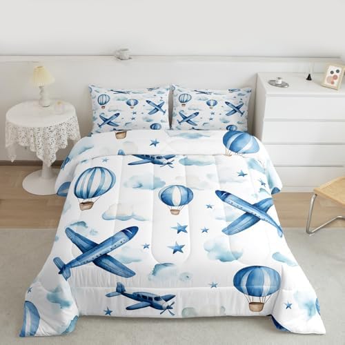 Erosebridal Cartoon Aircraft Queen Comforter Set for Boys, Dreamy Hot Air Balloon Bedding Set, Blue White Clouds Comforter for Kids Teens Girls Adults Bedroom, Airplane Star Print Quilt