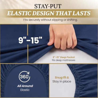 Full XL 100% Cotton Jersey Knit Sheet Set, 4PC, 15" Deep Pocket, Navy Blue