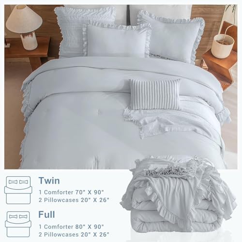 Masaca Ruffle Comforter Full Size,3 Pieces Farmhouse Shabby Boho Chic Full Bedding Set,Vintage Ruffled Rustic Light Blue Bedding Comforter Set for All Season