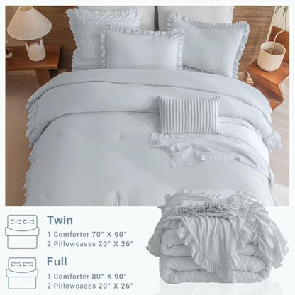 Masaca Twin Comforter with Ruffles,Shabby Boho Chic Ruffled Comforter Set Farmhouse Rustic Twin Bedding Sets 3-Piece（1 Light Blue Comforter and 2 Pillowcases）