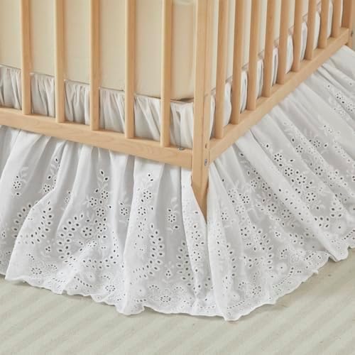 Brandream Scallop Edge Cotton Lace Crib Skirt, Baby Boy, Baby Girl, Gender Neutral Crib Skirt Toddler Bedskirt Dust Ruffle White Ruffled Eyelet Crib Bed Skirt Gathered Styling & Embroidered Details