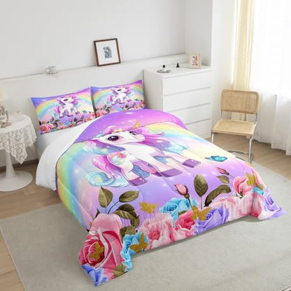 Cute Unicorn Kids Comforter Set King Size,Rainbow Starry Sky Roses Dreamy Bedding Set,Girls Women Room Decor,Cartoon Animals Flowers Down Comforter,Pink Purple Unique Duvet Insert,2 Pillowcases