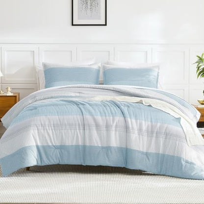 Litanika Light Blue California King Comforter Set - 3 Pieces Stripe Bed Set