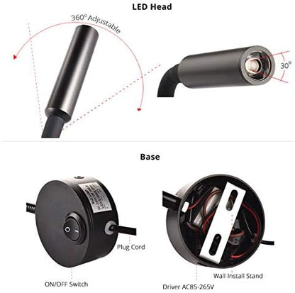 2-Pack Professional Task Light Wall Mount Lamp, 6000K Pure White 25° Focused Beam LED Reading Lamp for Bed Headboard, Dorm Bunk Bed, Studio, Marine, Hospital & Hotel, AC 85-265V (Black)