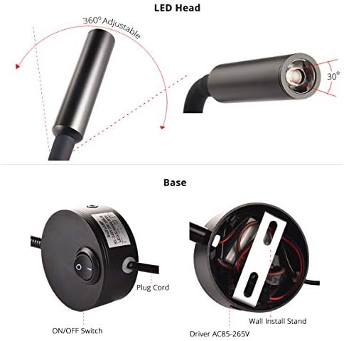 Black Bed Reading Lamp, Wall Mounted 25°Focus Light with 6000K Pure White LED, AC85-265V Adjustable Neck Task Lamp for Bedside, Dorm Bunk Bed, Studio, Marine,Hospital & Hotel, 4.92ft Cord