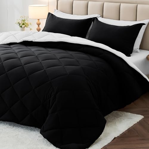 MUXHOMO 7 Pieces Oversized Queen Comforter Set, Reversible Bed in a Bag Oversized Queen Size, All Season Bedding Set with Comforter, Flat Sheet, Fitted Sheet, Pillowcases & Shams, Black & White