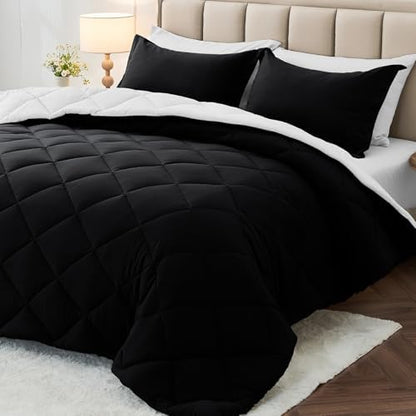 MUXHOMO 7 Pieces Oversized Queen Comforter Set, Reversible Bed in a Bag Oversized Queen Size, All Season Bedding Set with Comforter, Flat Sheet, Fitted Sheet, Pillowcases & Shams, Black & White