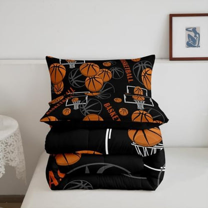 Castle Fairy Cartoon Basketball Print Full Size Comforter Set,Ball Gaming Bedding Set for Adults Teens,Children Sports Comforter Luxury Black White Quilt Set Room Decor 3Pcs