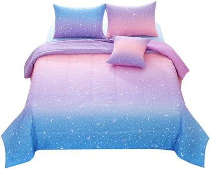JQinHome Queen Girls Comforter Set,6 Piece Bed in A Bag 3D Purple Orange Glitter Bedding Set -All Season Microfiber Rainbow Bedding Sets for Girls Women