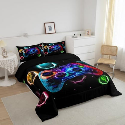 Feelyou Kids Gamer Comforter Toddler Size, Game Console Comforter Set Boys Girls Space Universe Gaming Bedding Set Gamepad Teens Duvet Set Bedroom Decor Microfiber Bed Set