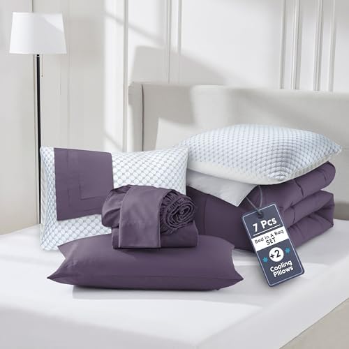Nestl 9 Piece Queen Comforter Set – Purple Reversible Bed in a Bag – Complete Queen Size Bedding Set with Sheets, Set of 2 Cooling Pillows, Pillowcases and Shams