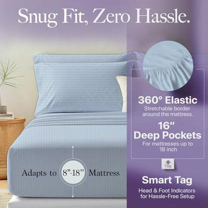 Carressa Linen 600 Series Striped Twin XL Sheets Set, Sateen, Light Blue