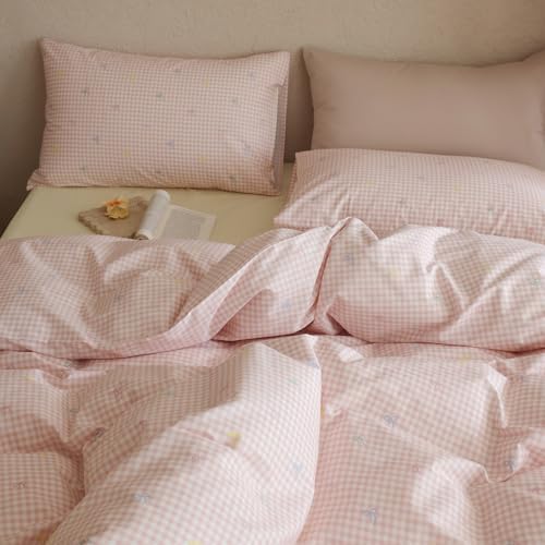 LifeTB Bowknot Duvet Cover King 3 Pieces Pink Gingham Duvet Cover 100% Cotton Colorful Bow Bedding Set Vintage Plaid Checkered Comforter Cover with Zipper Closure Grid Farmhouse Gingham Bedding Set