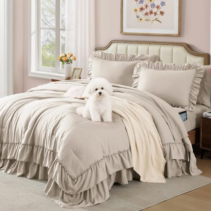 AMBERSPACE Queen Comforter Set Beige Ruffle 7 Pieces Farmhouse Bed in a Bag