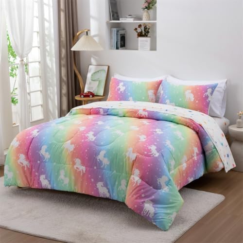 NTBED 5Pcs Glow in The Dark Kid Comforter Set Rainbow Unicorn Queen Bedding