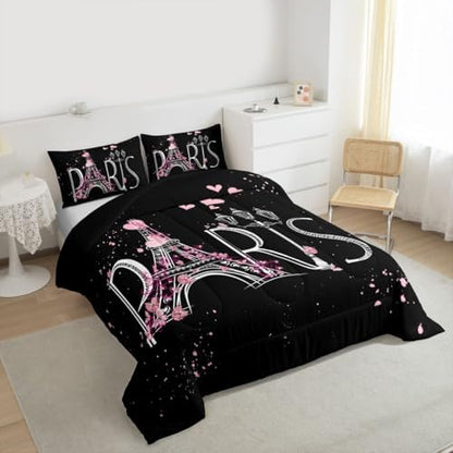Feelyou Eiffel Tower Comforter Set Chic Paris Bedding Set Romantic Theme Comforter for Boys Girls Children Teens Black Pink Bedroom Decor Modern French Style Duvet Set Queen Size with 2 Pillow Case