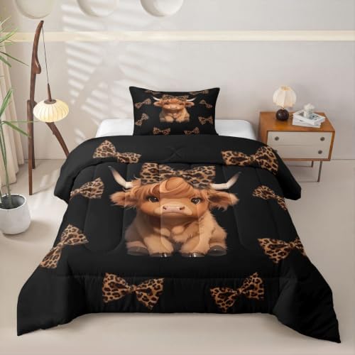 Feelyou Cartoon Highland Cow Comforter Set Twin Size Cute Leopard Bow Print Bedding Set for Kids Boys Girls Kawaii Animal Style Duvet Quilt Bedroom Decor Microfiber 2 Pcs with 1 Pillow Case