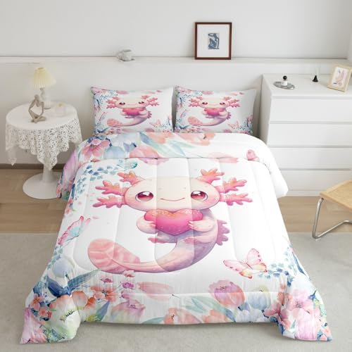 Feelyou Cute Axolotl Comforter Set Toddler Kids Cartoon Salamander Bedding Set for Boys Girls Teens Flower Floral Print Duvet Quilt Kawaii Reptile Animal Ocean Sealife Room Decor