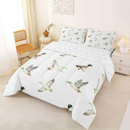 Feelyou Mallard Duck Bedding Set Soft for Boys Girls, Hunting and Fishing Comforter Set King Size Wild Animal Duvet Quilt Microfiber Wildlife White Bedroom Decor 3 Pcs with 2 Pillow Cases