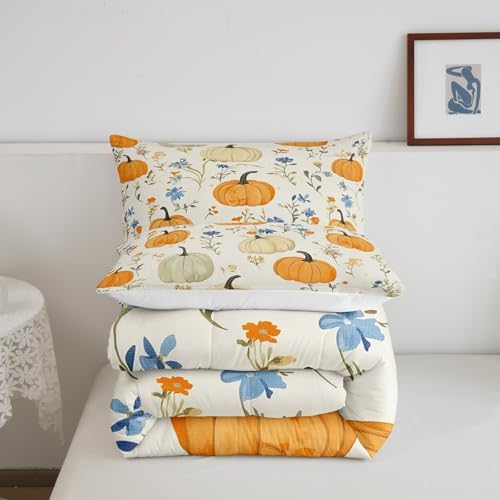 Homewish Pumpkin Pattern Bedding Set Botanical Flowers Comforter Set for Kids Boys Autumn Farmhouse Comforter Yellow Beige Quilt Set 1 Comforter Set with 1 Pillowcase Toddler Size