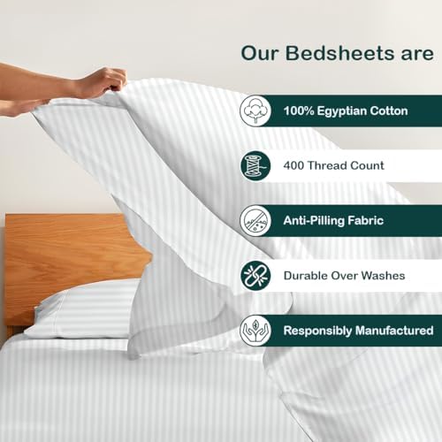 Split Head Flex King Sheet Set - 400 Thread Count Egyptian Cotton Bed Sheets - 34" Split Top - Soft Luxurious - 18" Deep Pockets - Easy Fit - 4 Piece Set - FlexTop King Bedding Sheets - White Stripe