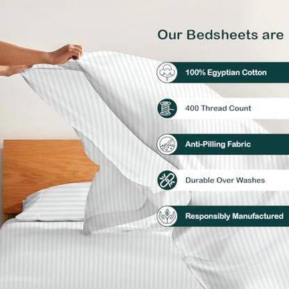 NON Sticky cotton Twin 4 Piece Sheet Set, 100% Long Staple Cotton, Soft Cooling Hotel Luxury Bedding Sheets, Deep Pocket Fits 10" to 18" Mattress, 39" x 75", White Stripe