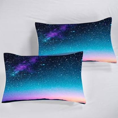 Blue Gradient Galaxy Bedding Set Full/Queen Size Comforter for Kids Boys Teen Girls Stars Moon Bedroom Decor Quilt Bed Sets, 1 Comforter 2 Pillowcases