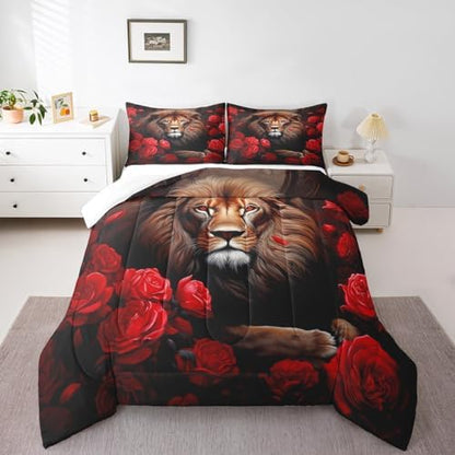 Lion Rose Comforter Set King Size,Tropical African Animal Duvet Insert for Kids Teens Adults Room Decor,Wildlife Floral Nature Theme Bedding Set 3Pcs,Red Flower Fierce Lion Quilt Set,2 Pillowcases