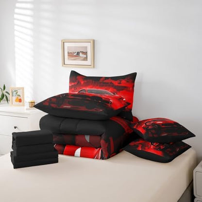 jejeloiu Race Car Comforter Set with Sheets 7 Piece Full Size