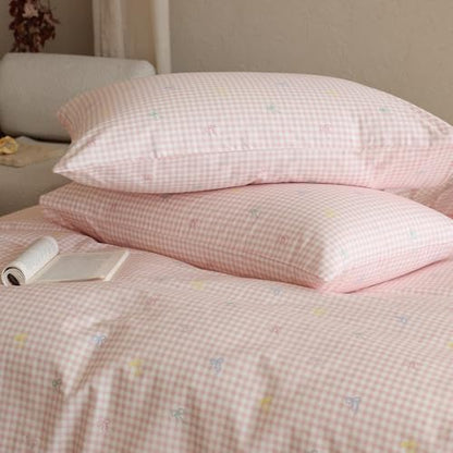mixinni Gingham Duvet Cover Full Size, 100% Cotton Light Pink and White Gingham Bedding Set for Girls, Cute Bow Print Soft Aesthetic Cottagecore Bedding 3 Pieces (1 Duvet Cover + 2 Pillowcases)