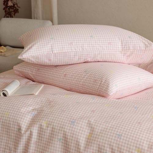 mixinni Gingham Duvet Cover Twin Size, 100% Cotton Light Pink and White Gingham Bedding Set for Girls, Cute Bow Print Soft Aesthetic Cottagecore Bedding 3 Pieces (1 Duvet Cover + 2 Pillowcases)