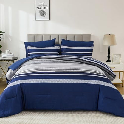 Dobuyly Navy Blue Comforter Full Size Set 7 Pieces, Boho Striped Bed in a Bag Full Soft Microfiber All Season Bedding Set with Comforter, Sheets, Pillowcases & Shams