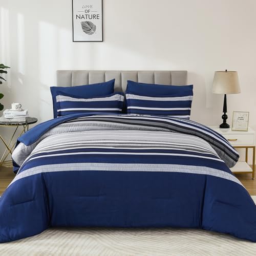 Dobuyly Navy Blue Queen Comforter Set 7 Pieces, Boho Striped Bed in a Bag Queen Size Soft Microfiber All Season Bedding Set with Comforter, Sheets, Pillowcases & Shams