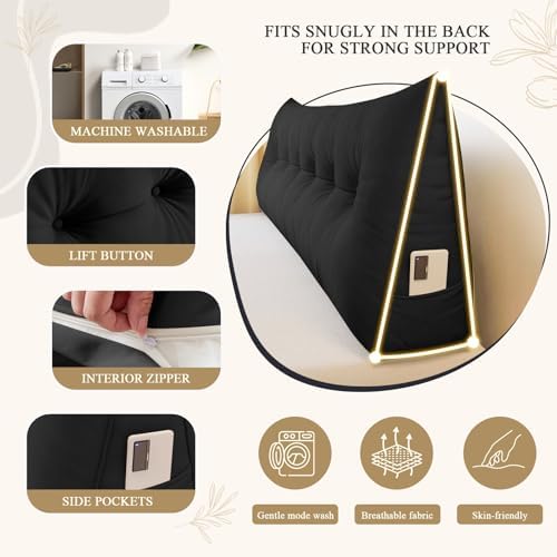 DANGHOOGY Headboard Pillow Queen, Large Triangular Wedge Headboard Pillow for Reading and Resting, Backrest Positioning Support Pillow with Removable Cover (Black)