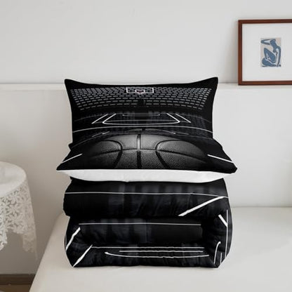 Black Basketball Comforter Set Queen Size for Kids Boys,3D Basketball Court Quilt Set 3Pcs,Teens Child Room Decor Ball Sports Gaming Theme Bedding Set Modern Fashion Duvet Insert,2 Pillowcases