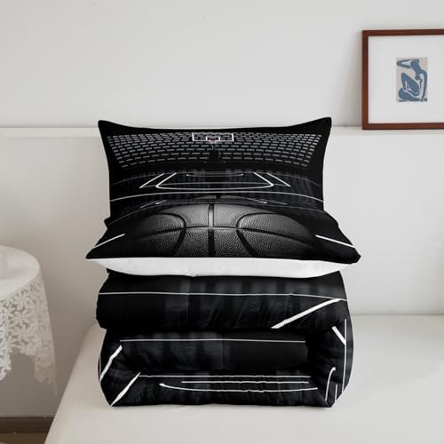 Black Basketball Comforter Set Full Size for Kids Boys,3D Basketball Court Quilt Set 3Pcs,Teens Child Room Decor Ball Sports Gaming Theme Bedding Set Modern Fashion Duvet Insert,2 Pillowcases