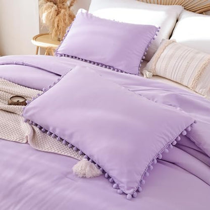 YIRDDEO Twin Comforter Set - Comforter Twin Size Bed with Ball Pom Fringe, Soft Bedding Set for All Seasons - 2 Pieces, 1 Comforter (66"x90") & 1 Pillow Sham(20"x26"), Lavender Purple