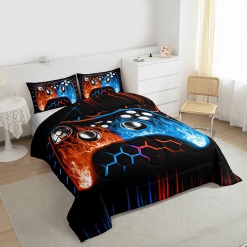 Honeycomb Gamer Kids Comforter Sets Boy Orange Blue Neon Lights Game Console Toddler Bedding Sets for Boys Ombre Art Geometric Hexagon Beehive Quilt Set Gaming Decor for Boys Bedroom Decor