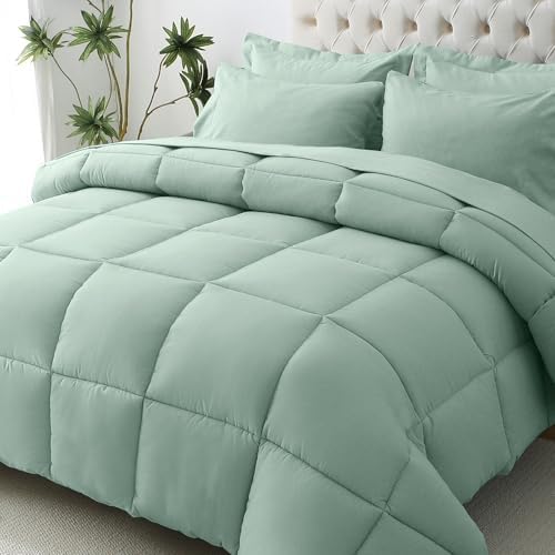 JOLLYVOGUE Queen Comforter Set, Ultra-Soft Bed in a Bag Queen Size 7 Pieces, Oeko-TEX Certified Bedding Set with Down Alternative Comforter, Sheets, Pillowcases & Shams, Sage Green