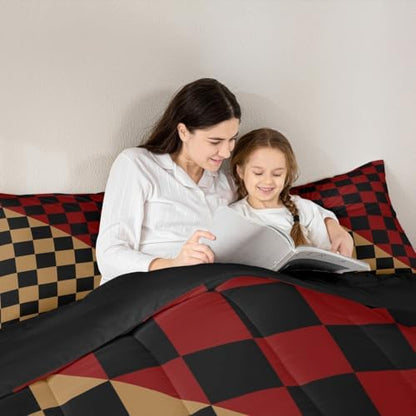 Feelyou Checkered Retro Bedding Set for Boys Girls Modern Geometric Cute Comforter Set Toddler Size Brown Red Duvet Quilt Vintage Simple Groovy Aesthetic Bedroom Decor 2 Pcs with 1 Pillow Cases