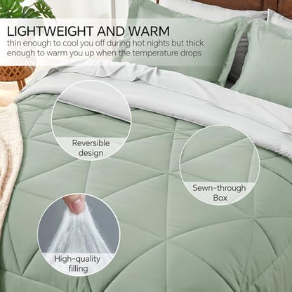 BEDELITE Full Comforter Set 7 Pieces, Reversible Sage Green Bed in A Bag