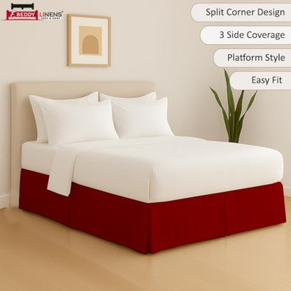 eBeddy Linens Split Corner Bed Skirt Full 14 Inch Drop – 100% Microfiber, – Platform Style, Burgundy Solid, 3-Sided Pleated, Tailored Fit, Hidden Storage, Hotel Luxury, Washable