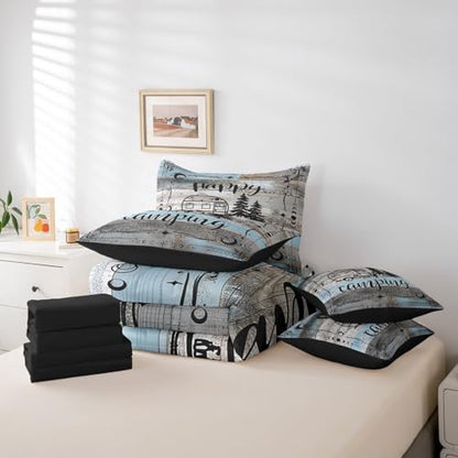 Erosebridal Boho Camper Decor Comforter Set 7 Piece Twin Happy Camping Bedding Set Rv Accessories Bed in A Bag for Travel Trailers Bunks,Rustic Farmhouse Stars Moon Bed Set Blue Grey