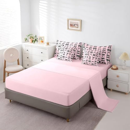 Black Cherry Bow 7-Piece Comforter Set Full Bed in a Bag, Cute Silk Ribbon Bowknot Bedding Sets Princess Bow Tie Comforter and Sheet Set, Dreamy Kawaii Room Decor,Girly Light Pink Room Decor Aesthetic