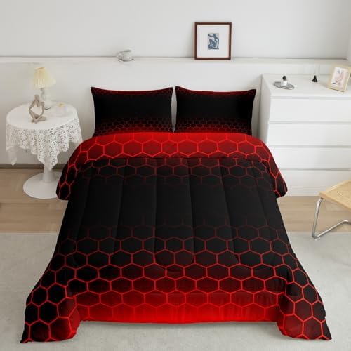 Feelyou Red Black Ombre Comforter Set Twin, Honeycomb Bedding Set for Kids Abstract Hexagonal Comforter Ombre Duvet with 1 Pillow Case