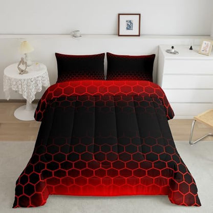 Feelyou Red Black Ombre Comforter Set Twin, Honeycomb Bedding Set for Kids Abstract Hexagonal Comforter Ombre Duvet with 1 Pillow Case