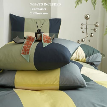 mixinni King Comforter Set Men Boys Geometric Checkered Plaid Printed Bedding Comforter for All Season Soft Lightweight Bedding Set-(King Size, Green,Yellow,Khaki)