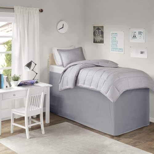 Pleated College Dorm Bed Skirt Luxury Microfiber, Twin XL (39x80) with Split Corners, 25" Long Drop, Hotel-Quality 1800 Ultra-Soft Dust Ruffle, Light Grey