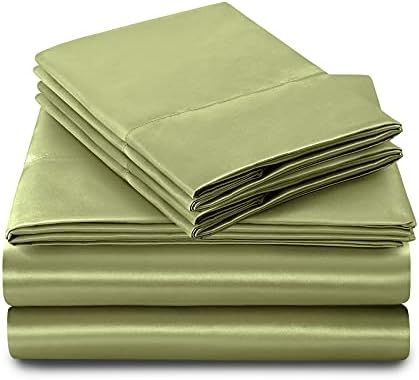 SiinvdaBZX 4Pcs Satin Sheet Set King Size 15-Inch Deep Pocket, Sage Green